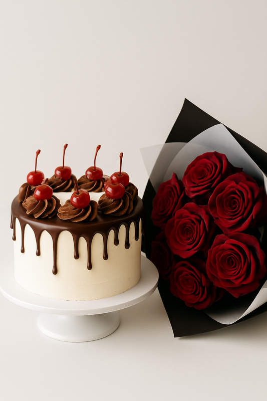 Black Forest Cake & Flower Bouquet Combo